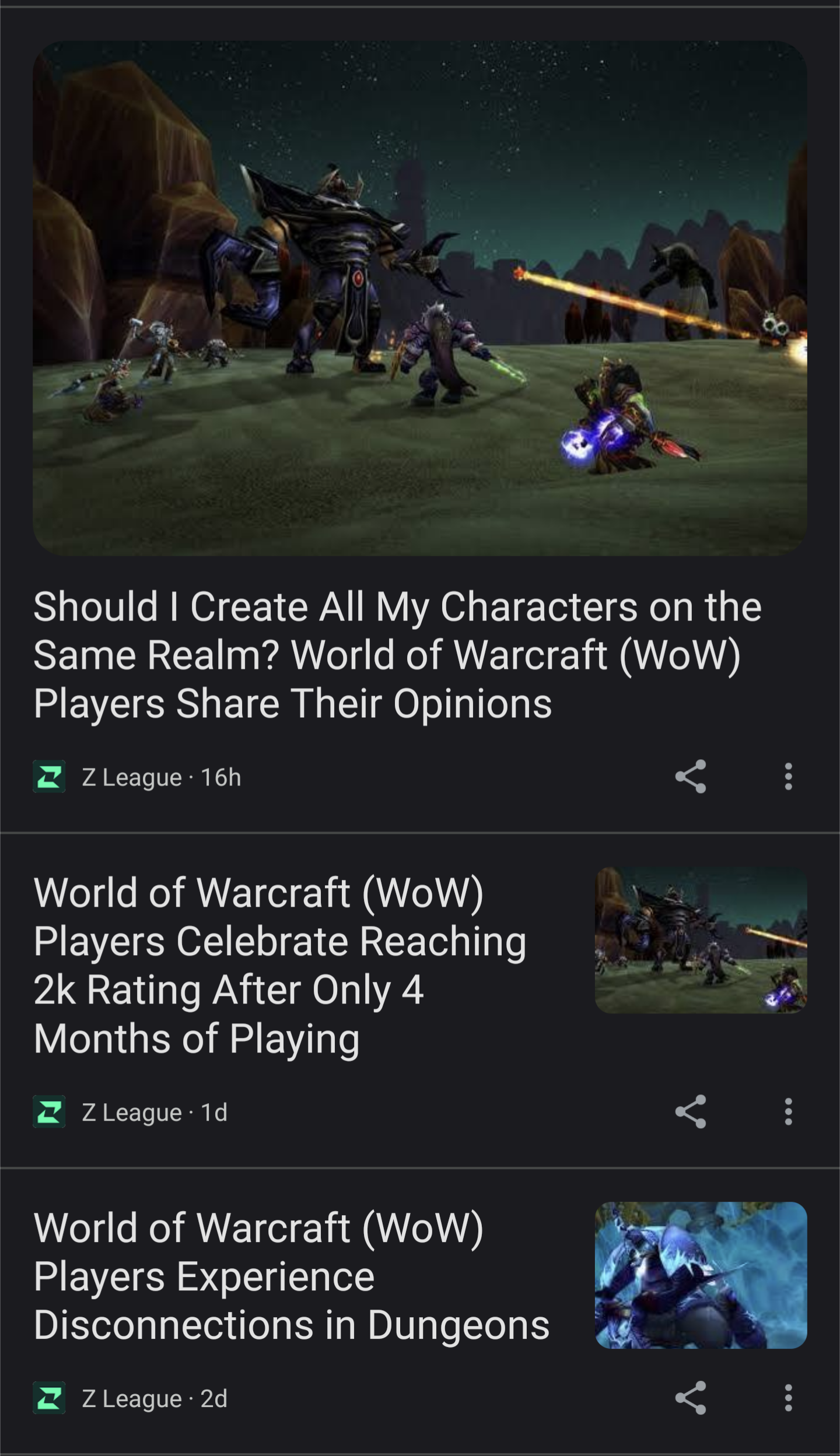 A screenshot of a Google feed showing multiple articles from a site called &quot;Z League&quot;. The articles discuss World of Warcraft and appear to be generated based on content from the World of Warcraft subreddit.