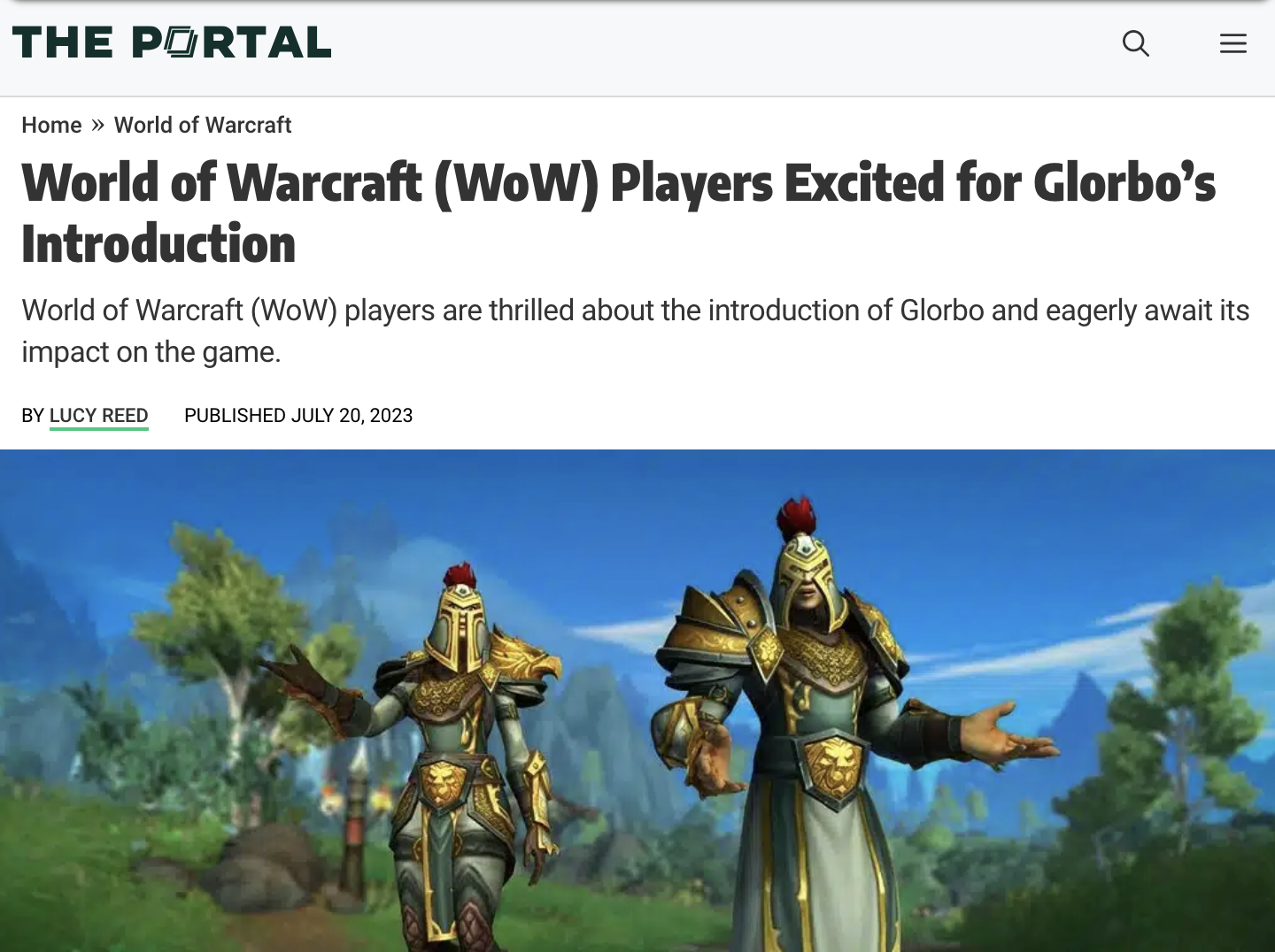 A screenshot of an article from a website called The Portal. The title says, "World of Warcraft (WoW) Players Excited for Glorbo’s Introduction".