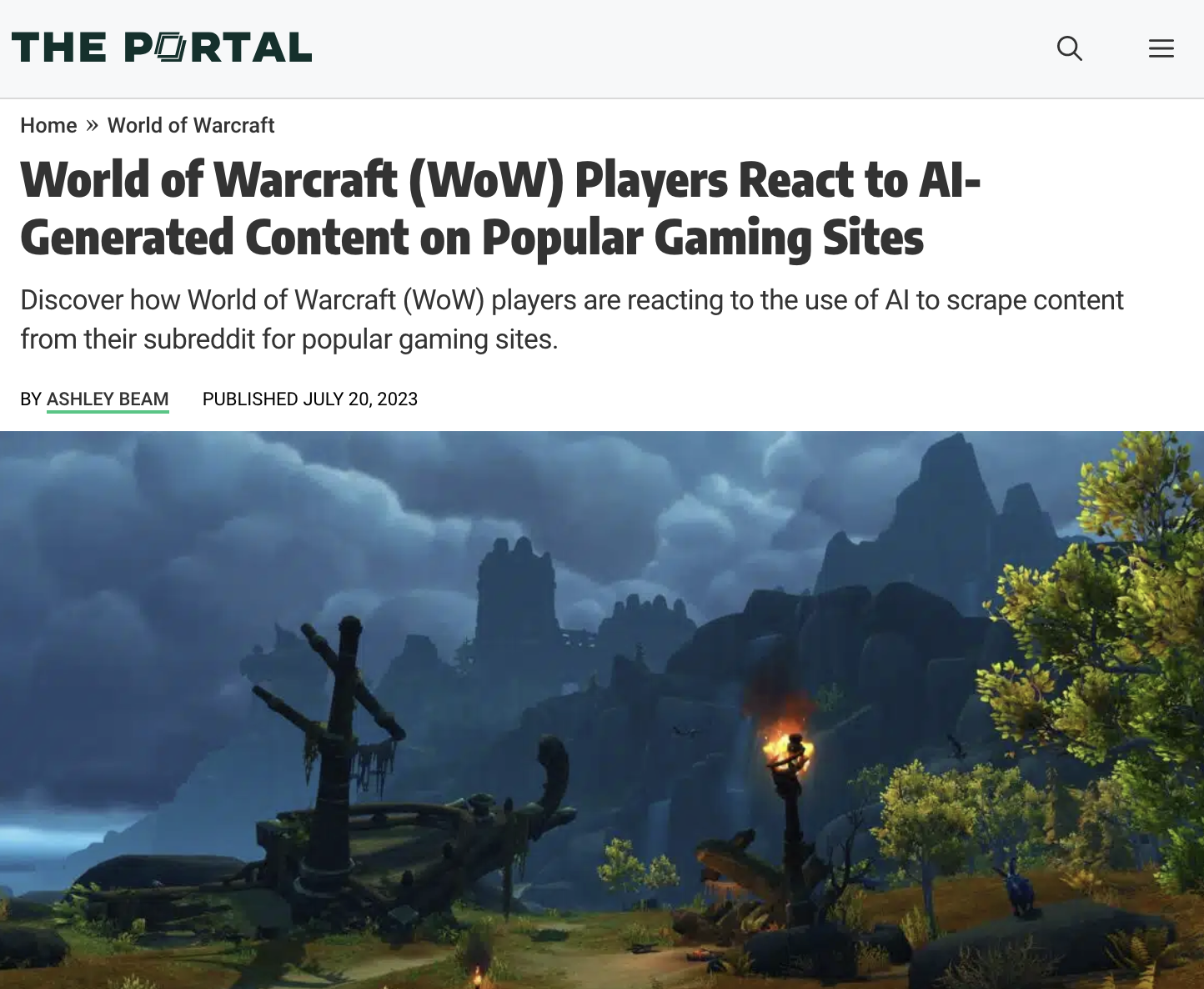 A screenshot of an article from a website called The Portal. The title says, "World of Warcraft (WoW) Players React to AI-Generated Content on Popular Gaming Sites".